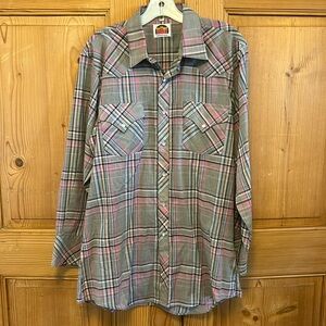 Vintage Miller Western Wear Pearl Snap Gray and Pink Plaid Shirt Size 16.5 33